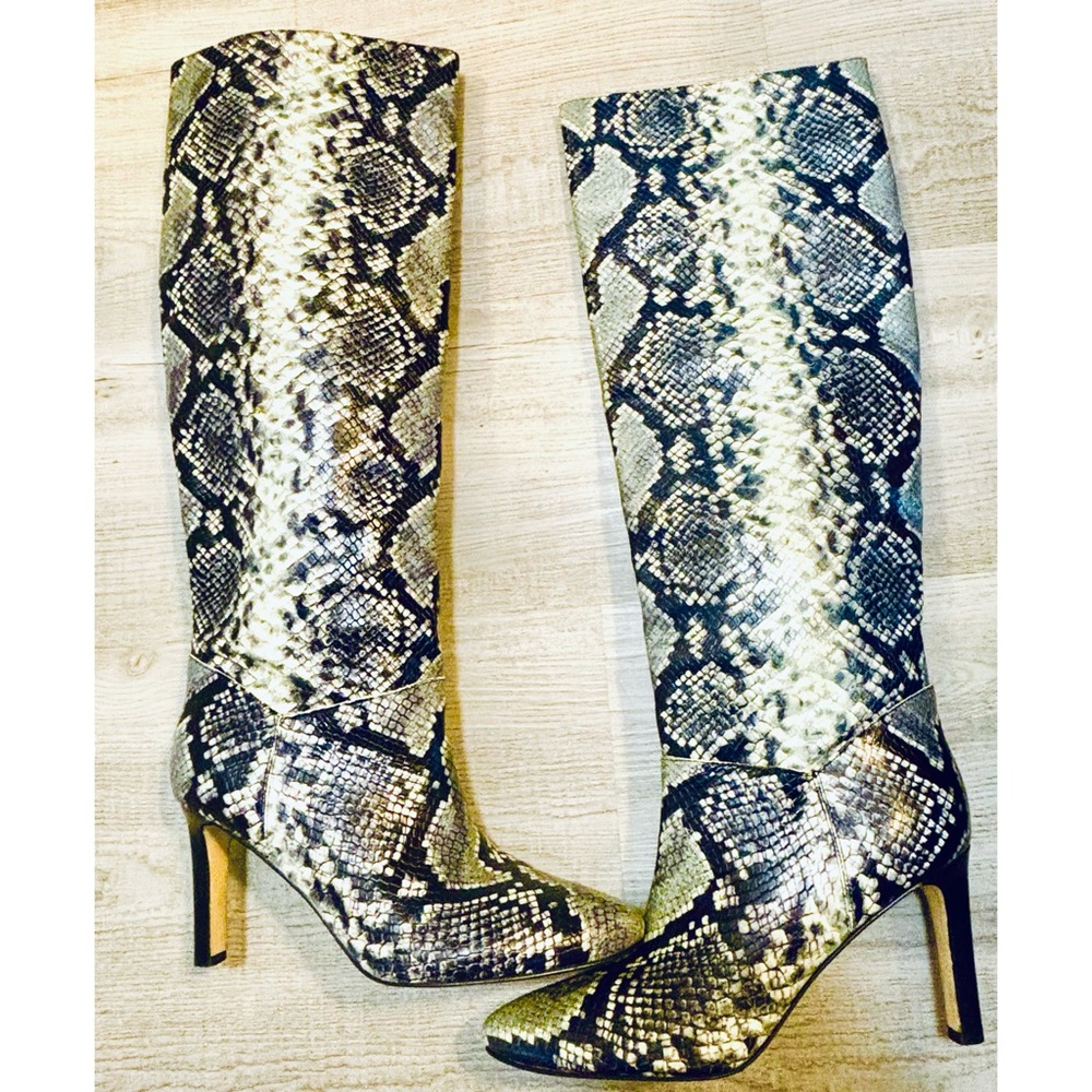 Marc Fisher LTD Black, White and Blue Snakeskin Embossed Leather Heel Boots- 7.5 - Picture 4 of 11